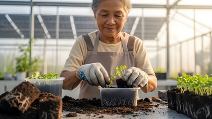 Elderly Southeast Asian Gardener Transplanting Seedlings in Futuristic Greenhouse