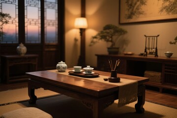 Traditional Asian living room with wooden furniture, tea set, and soft lighting at dusk
