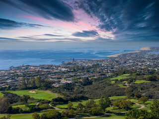 Aerial shot along the coastline at the Pelican Hill Resort in Newport Beach California USA