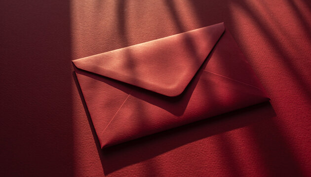 Luxurious Dark Red Envelope Resting on Textured Background with Dramatic Window Shadow Overlay