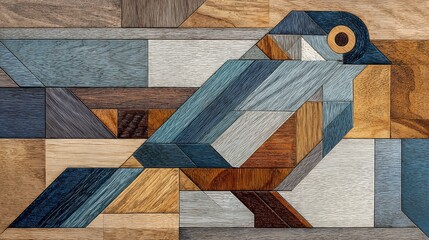 A mosaic bird made of wood blocks. The bird is facing towards left