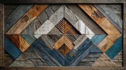 Abstract wooden artwork with geometric pattern using different shades of wood. This art piece has a creative and eye-catching design and color matching