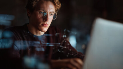 A focused man working on a laptop in a dimly lit setting. Reflective glasses, coding reflected, working hard.