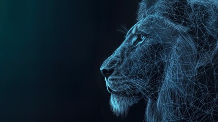 A captivating portrait of a lion, rendered in a striking digital style. Its noble profile, crafted from interconnected lines, emerges against a dark background.