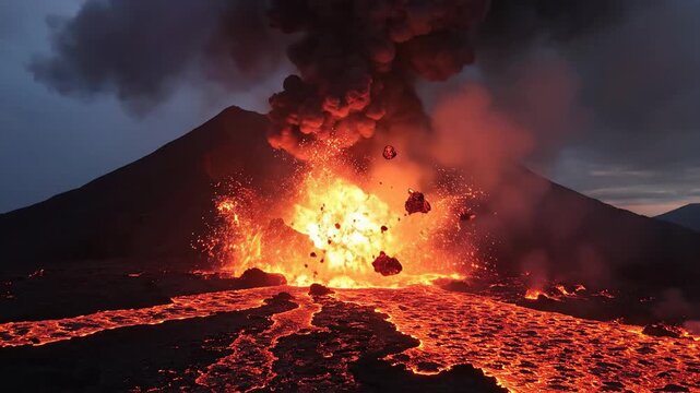 A volcano erupts with flowing lava and lightning striking the eruption cloud in a dramatic natural display