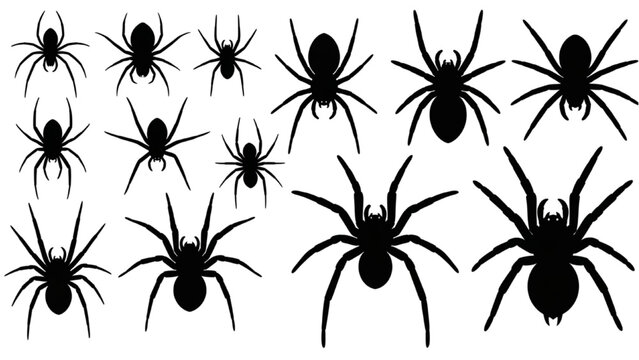 Collection of black spider silhouettes on a white background for various uses