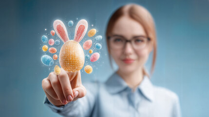 Woman's joyful gesture presenting Easter egg decoration, a vibrant celebration