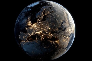 a realistic view of the earth from space, highlighting europe with its lights glowing at night. the scene is captured in high resolution and is displayed against an all-black background. it showcases 
