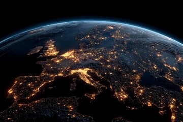 a realistic view of the earth from space, highlighting europe with its lights glowing at night. the scene is captured in high resolution and is displayed against an all-black background. it showcases 