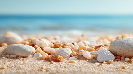 a serene summer scene with sand, seashells, and stones on the beach. the focus is on an empty podium for product display, with space for text or a logo. the blue sea is in the blurred background. 