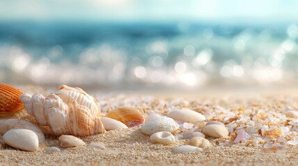 a serene summer scene with sand, seashells, and stones on the beach. the focus is on an empty podium for product display, with space for text or a logo. the blue sea is in the blurred background. 