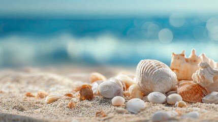 a serene summer scene with sand, seashells, and stones on the beach. the focus is on an empty podium for product display, with space for text or a logo. the blue sea is in the blurred background. 