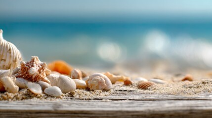 a serene summer scene with sand, seashells, and stones on the beach. the focus is on an empty podium for product display, with space for text or a logo. the blue sea is in the blurred background. 