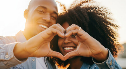 Happy young couple making a heart shape with their hands at sunset, smiling with lens flare.