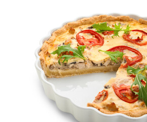Delicious tomato tart with arugula leaves on white background, closeup