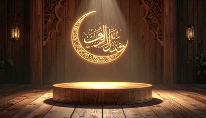 Eid Mubarak: Glowing Crescent Moon with Arabic Calligraphy & Wooden Stage