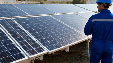 Medium shot of a technician using a tablet to monitor solar panel efficiency on site ensuring optimal performance through realtime data analysis. - Powered by Adobe