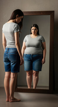 Sad woman looking at her reflection in a mirror, feeling insecure about her body image and weight, in a studio with neutral background.