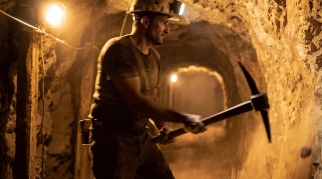 Mining adventure in a dark underground tunnel with workers using pickaxes to extract minerals at night