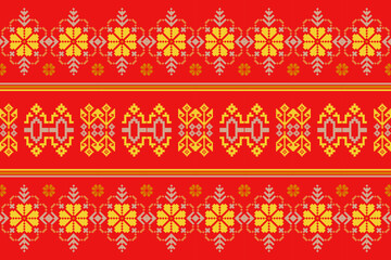 A vibrant geometric textile pattern featuring traditional pixel-style motifs in red, white, and yellow, ideal for fabric design, backgrounds, and high-quality print or vector applications.