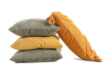 Soft stylish pillows on white background