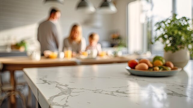 a white marble kitchen counter with a family in the background eating breakfast, creating a bright and airy feel. the focus is on the countertop, with the people at the table blurred. the image was ca