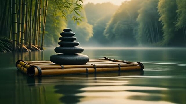 A stack of balanced stones floats peacefully on a bamboo raft in a serene, misty forest.
