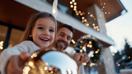 A joyful father and daughter share a moment of togetherness outdoors, both holding a shiny ornament against a backdrop of twinkling lights and holiday cheer.