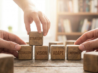 Leadership tactical cubes arranged manually using detailed depth and bright softly faded background blur