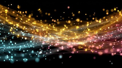 Abstract wave of shimmering lights and particles against a black background