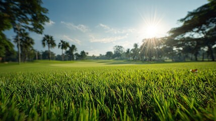 beautiful green grass field landscape with blue sky and sunlight, wide-angle view of a golf course for background design. copy space, high quality.
