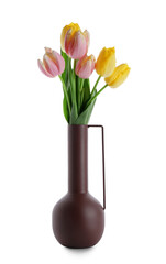 Vase with beautiful tulip flowers on white background