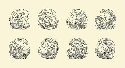 Ocean wave patterns in black outline style