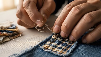 Elderly East Asian Father Mending Clothes with Eco Thread Macro