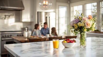 Beautiful kitchen interior with white marble countertop and family in background