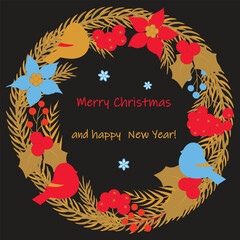 A Christmas wreath made of fir branches, decorated with poinsettia flowers, holly berries, rowan twigs, and bullfinches on a black background. Merry Christmas card. Color vector illustration.