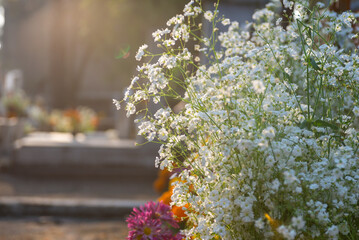 White gypsophila and other colorful flowers in a cemetery.
