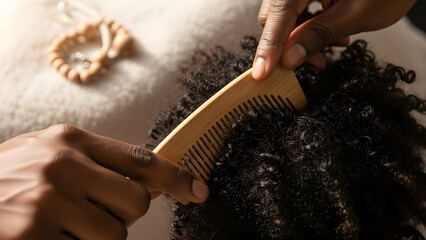 Black Father Gently Combs Toddler's Curly Hair with Sustainable Bamboo Comb, Morning Light