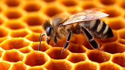 Honeybee Collecting Pollen from Hexagonal Honeycomb Cells for Health Benefits in Apiculture Season