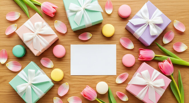 Overhead shot of colorful gifts, macarons, and tulips surrounding a blank card on a wooden surface, perfect for a birthday or Mother's Day greeting. - Powered by Adobe