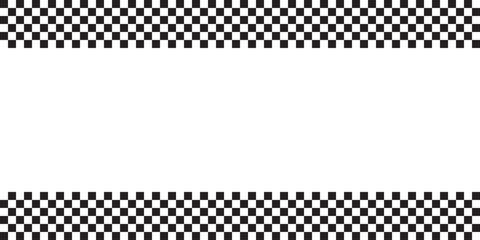Naklejka premium Top and bottom borders with rally flag or chess board print. Checkerboard or rally sport car competition background with empty space. Black and white checkered pattern. Vector graphic illustration