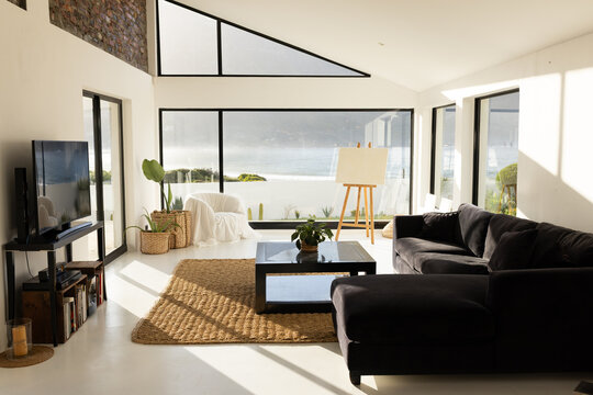 Dark L-shaped sectional sofa anchoring sunlit waterfront living room with black-framed windows