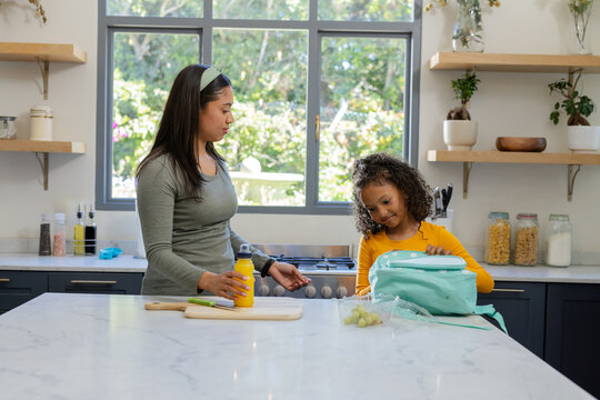 African American mother and daughter preparing lunch at island, packing grapes in mint-green bag