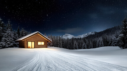 Cozy wooden cabin glowing at night in snowy forest under starry sky, peaceful winter scene
