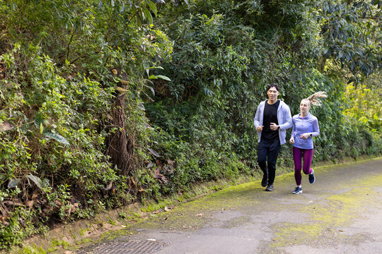 Diverse friends jogging along paved forest trail with mossy pavement and running shoes, copy space