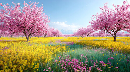 満開の桜の木と菜の花畑のイメージ風景