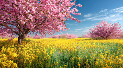 満開の桜の木と菜の花畑のイメージ風景
