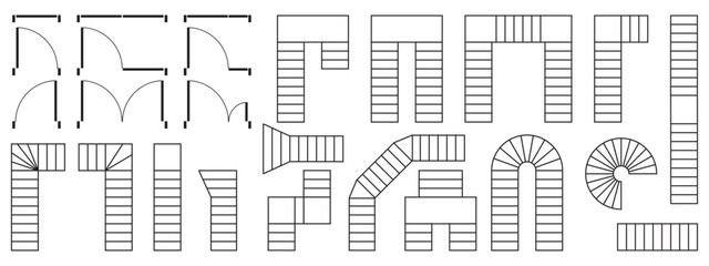 Set of doors and stairs icons for floor plan. Architecture elements for interior design blueprint isolated on white background. Symbols for 2D architecture program. Vector graphic illustration