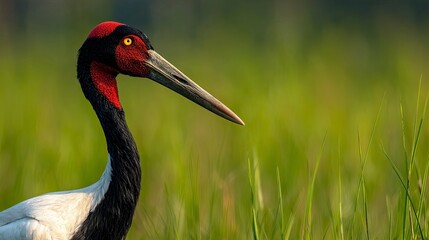 Naklejka premium blending with the green grass background, it stands tall and straight in its natural habitat. the close-up shot captures every detail of its black head, red crest, yellow eyes, long beak, slender neck