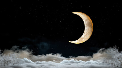 Crescent moon night sky winter cloudscape tranquil glow